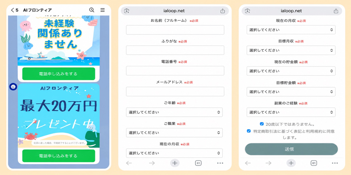 AIフロンティアの電話予約・登録フォームへの動線。氏名・電話番号・現在の月収などの入力欄が並んでいる