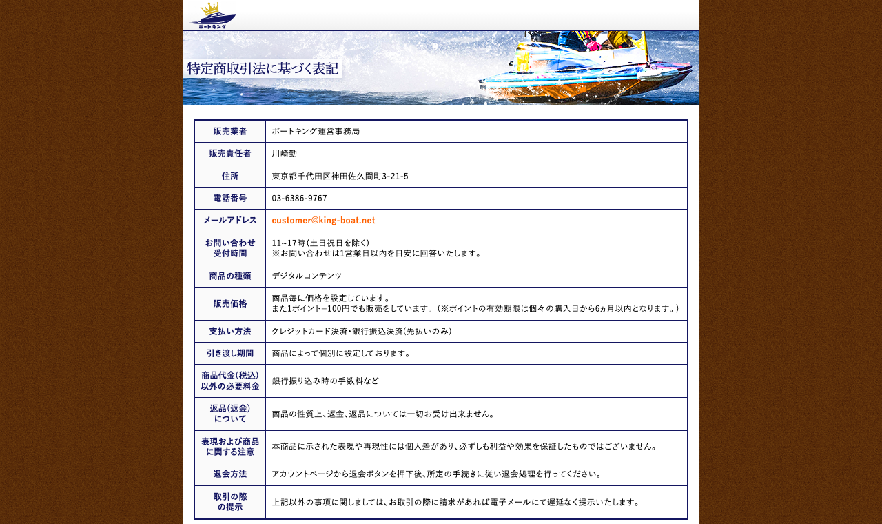 ボートキング公式サイトの特定商取引法に基づく表記のページ