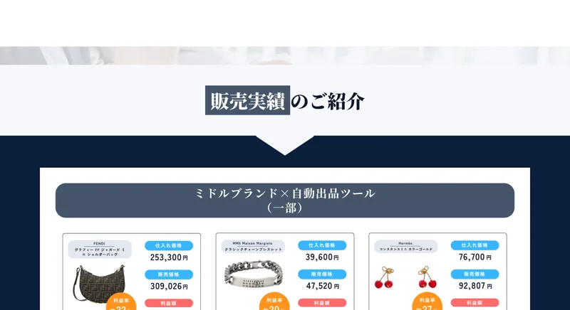 Brand物販Plusの広告に掲載された販売実績。FENDIのバッグの仕入れ価格253,300円と販売価格309,026円が並ぶ