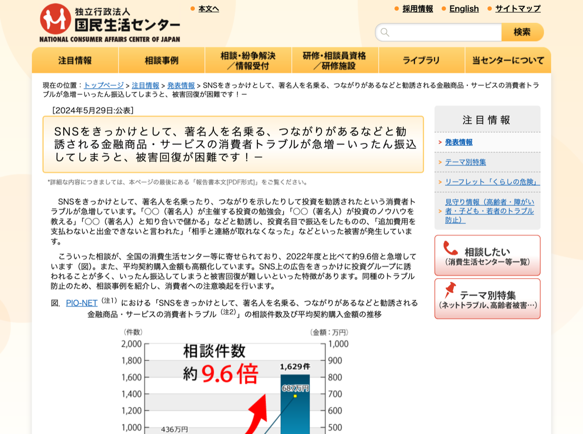 国民生活センターによるSNS投資トラブル急増の注意喚起ページ