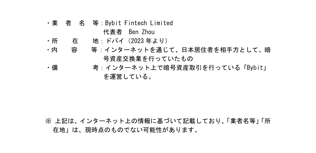 金融庁の警告書に記載されたBybit Fintech Limitedの業者名・所在地・内容等の詳細