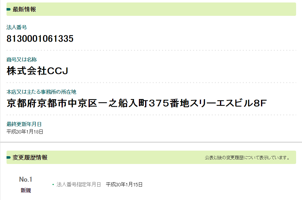国税庁法人番号公表サイトで確認した株式会社CCJの情報