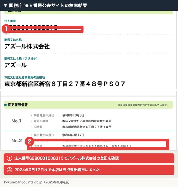 国税庁法人番号公表サイトでアズール株式会社の登記情報を検索した結果の画面