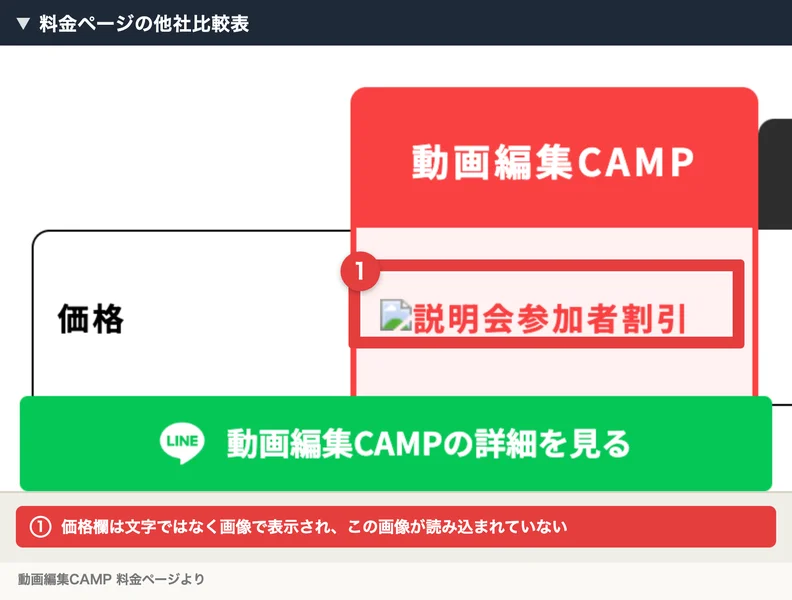動画編集CAMPの料金案内ページに表示された他社比較表（価格欄の画像が読み込まれていない状態）