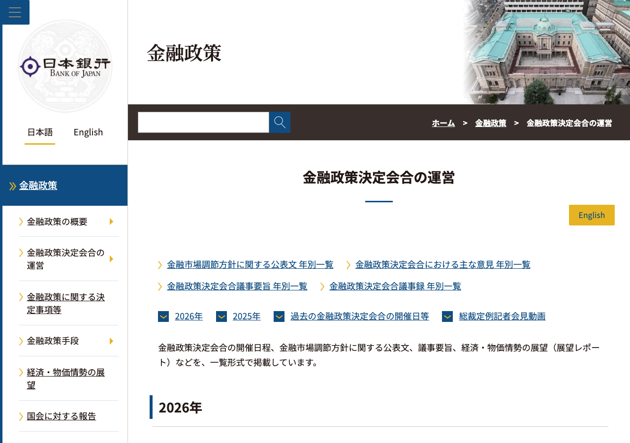 日本銀行が公表する金融政策決定会合の運営に関するページ