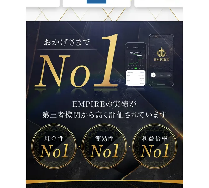 EMPIREの広告。「おかげさまでNo1」として即金性・簡易性・利益倍率で第三者機関から評価されたと並ぶ実績アピール画面