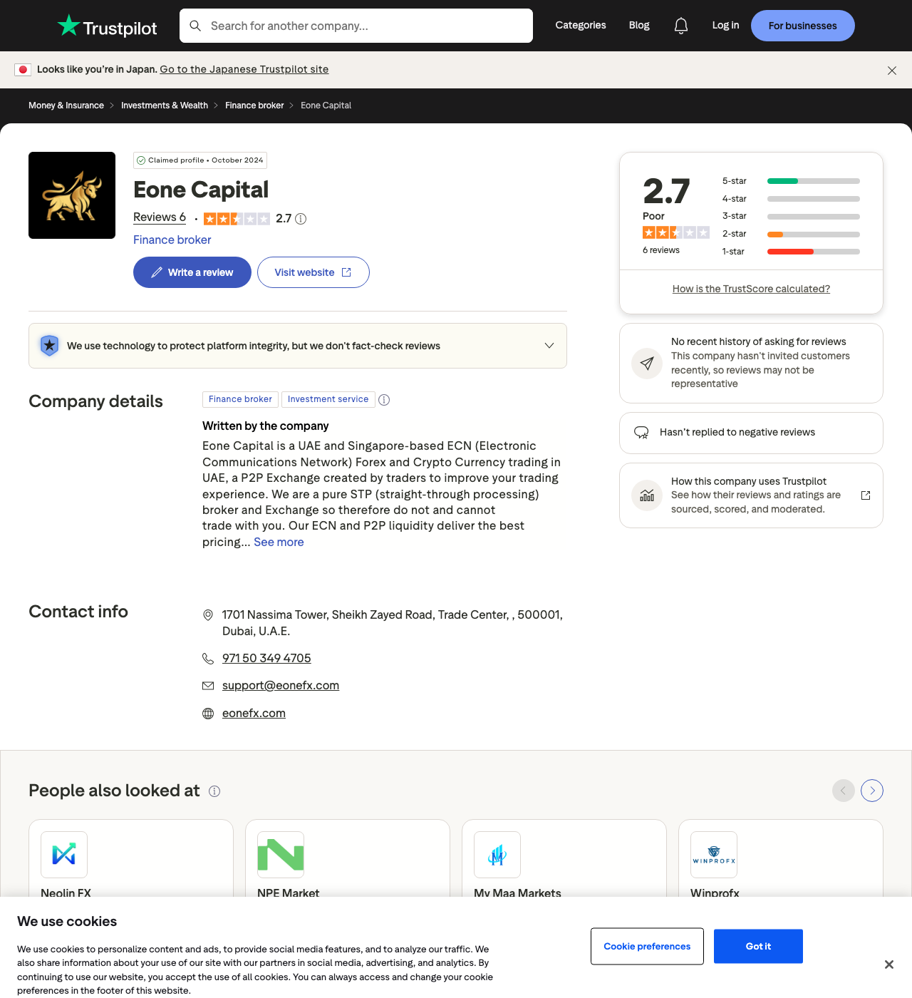 Trustpilotに掲載されたEone Capitalの企業情報ページ。星評価2.7（6件）と、ドバイの住所・電話番号・メールアドレスが記載されている