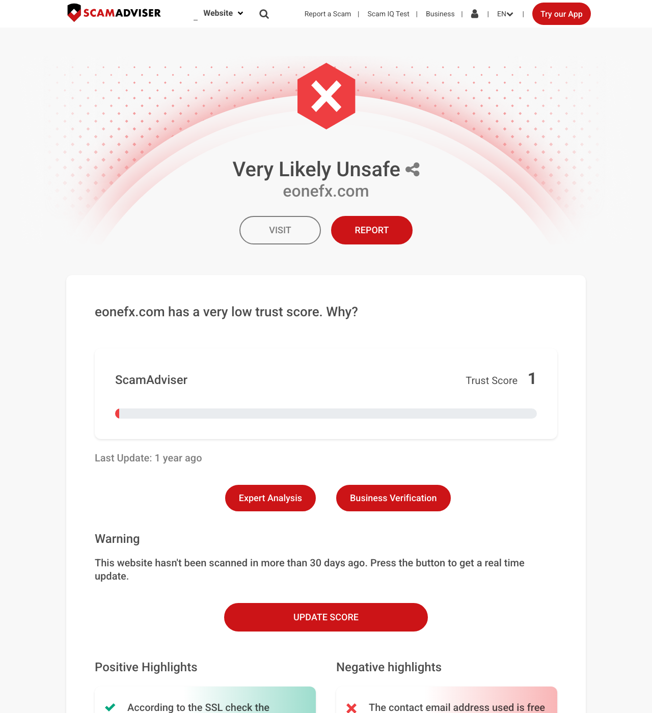 ScamAdviserによるeonefx.comの評価ページ。「Very Likely Unsafe」の表示とTrust Score 1が示されている