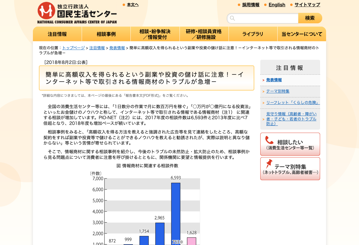 国民生活センターによる情報商材トラブル急増の注意喚起ページ