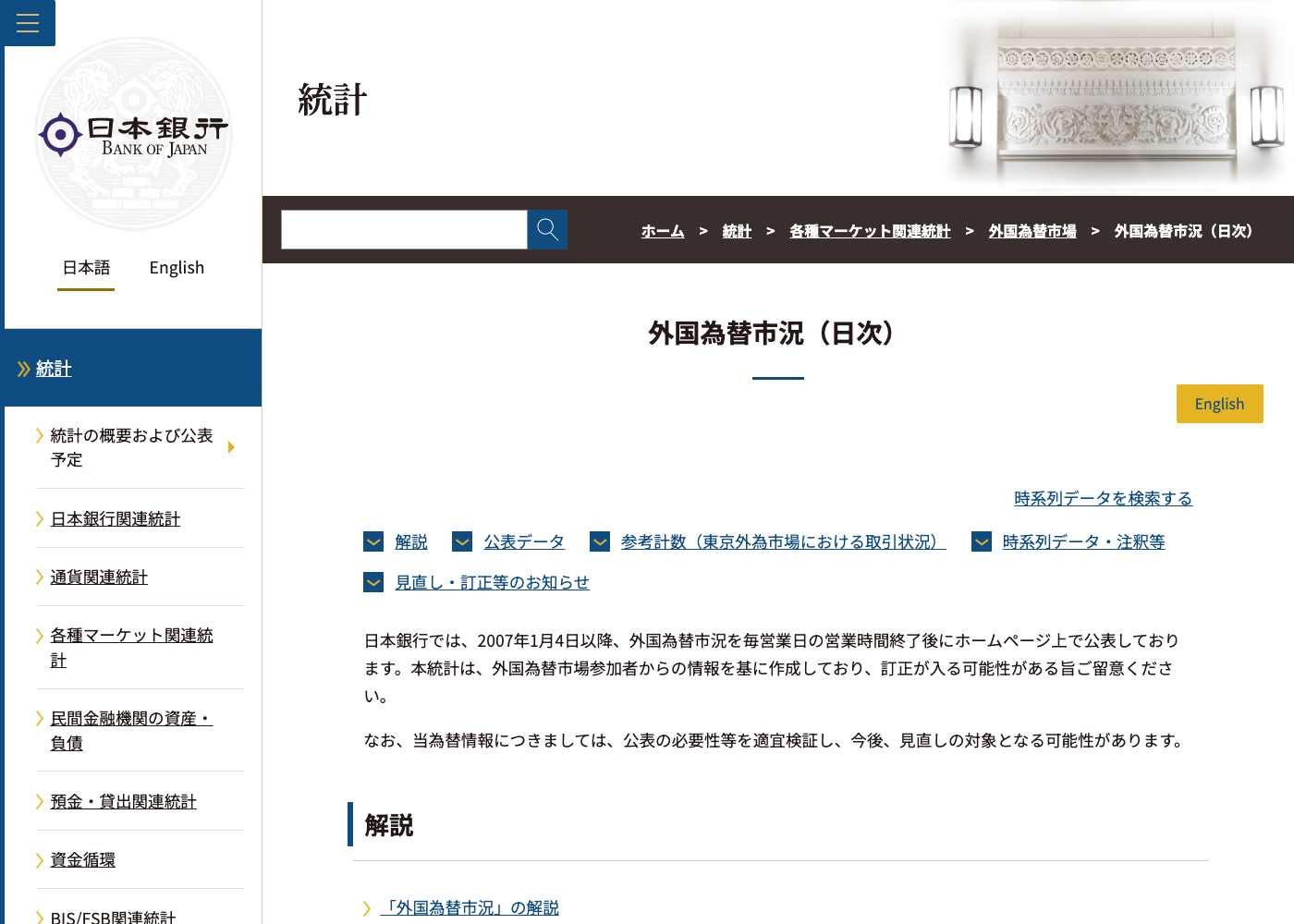 日本銀行が公表する外国為替市況(日次)のページ