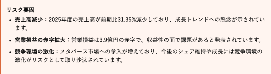 参考記事の「リスク要因」欄。売上高減少・営業損益の赤字拡大・競争環境の激化が挙げられている