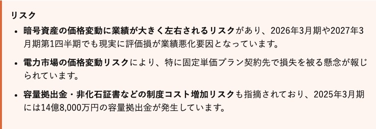 「暗号資産の価格変動に業績が大きく左右されるリスク」「電力市場の価格変動リスク」「容量拠出金・非化石証書などの制度コスト増加リスク」と並ぶ参考記事のリスク欄
