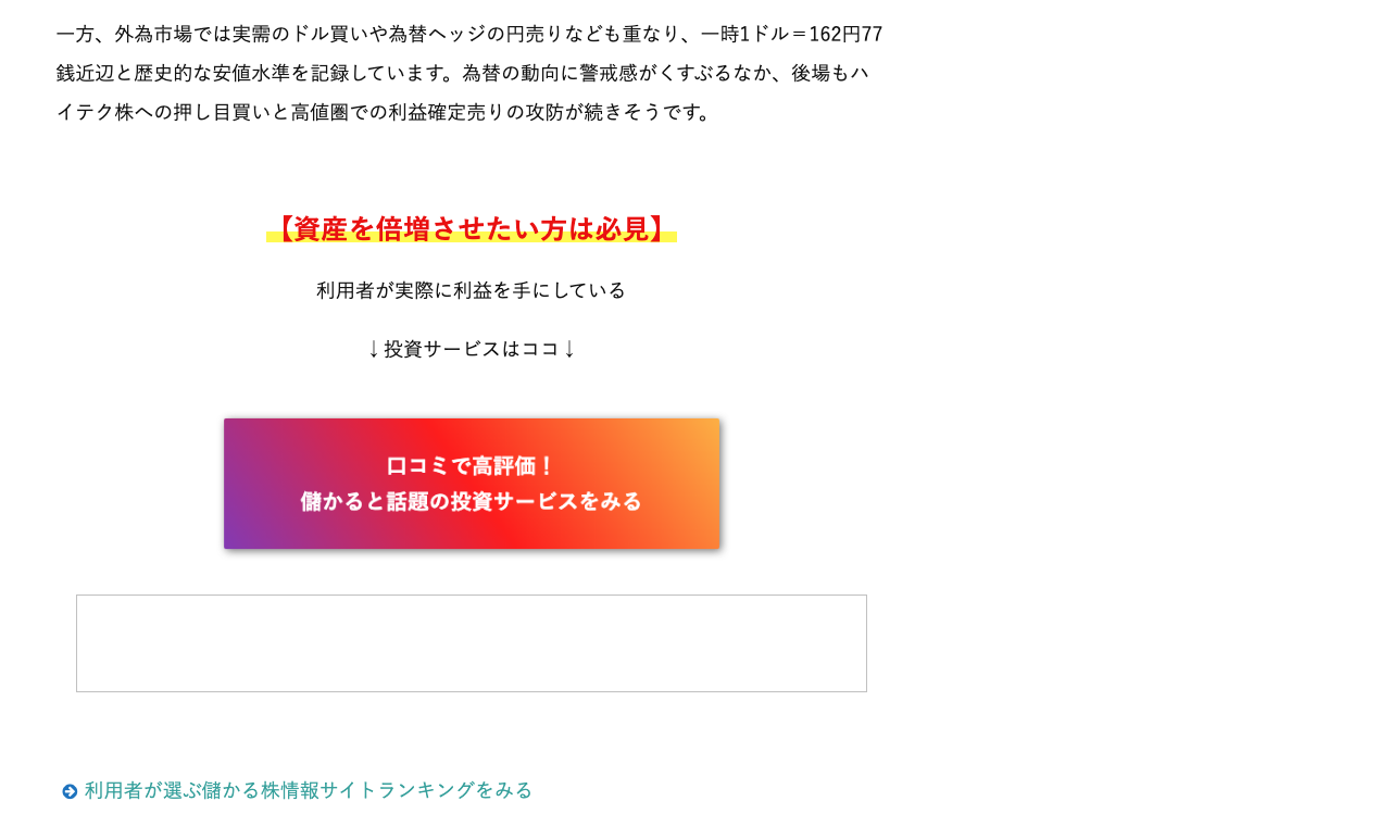 市況ニュースの本文が終わった直後に「資産を倍増させたい方は必見」という黄色いハイライトと「口コミで高評価！儲かると話題の投資サービスをみる」というボタンが置かれている画面