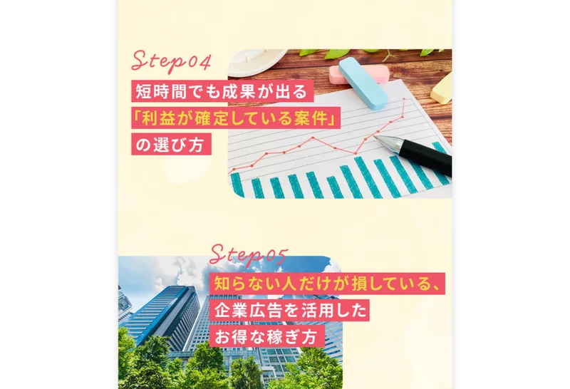 LP内の「短時間でも成果が出る『利益が確定している案件』の選び方」などのステップ説明