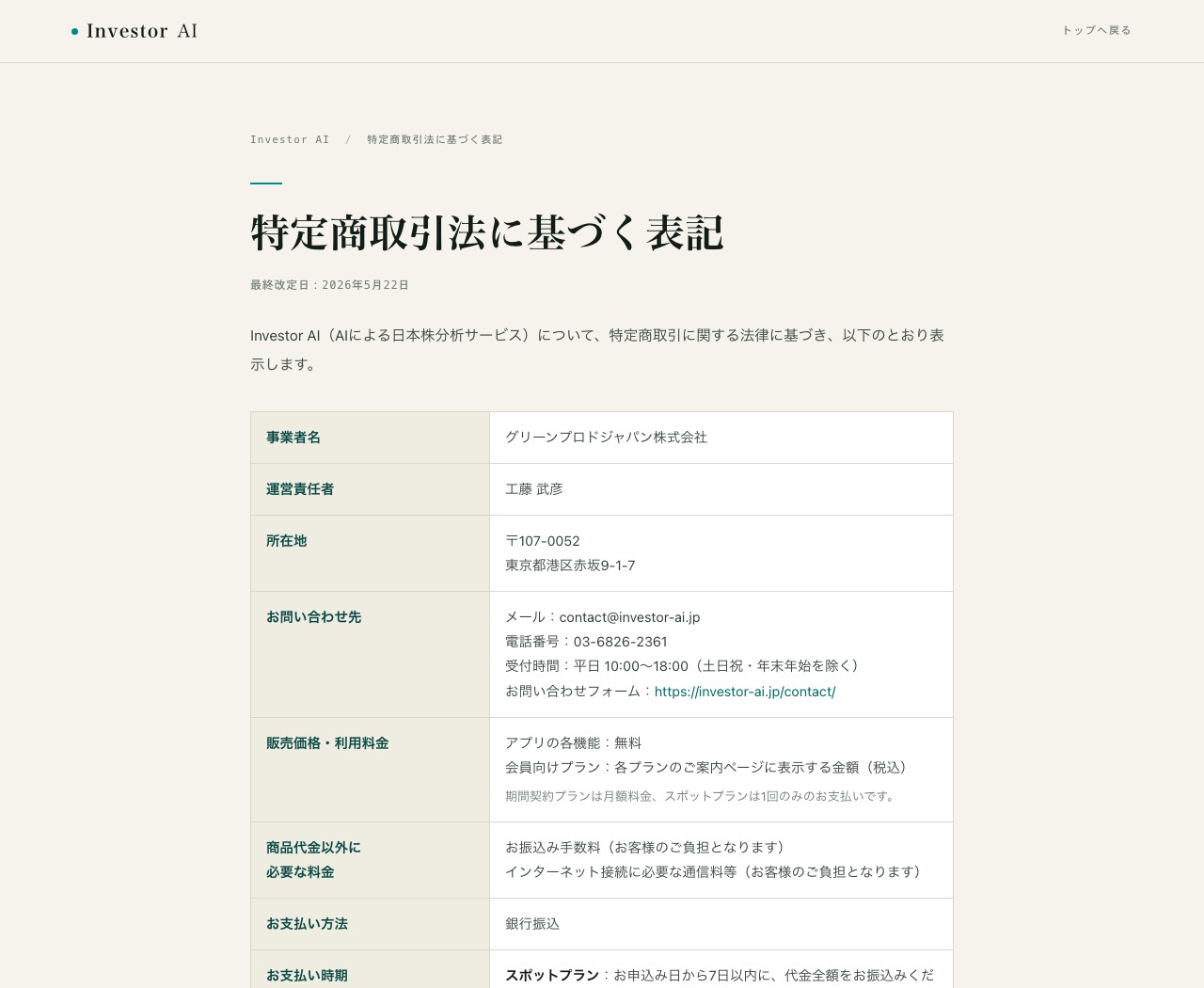 Investor AI公式サイトの特定商取引法に基づく表記ページ