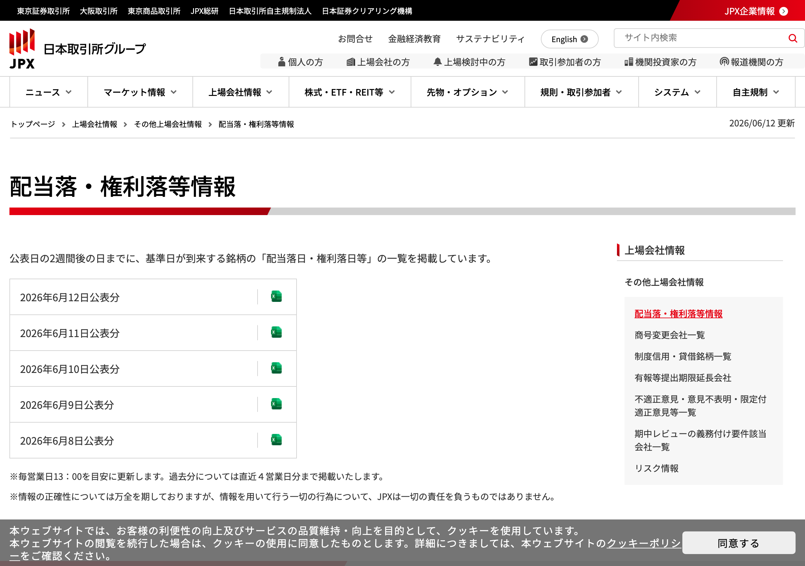 日本取引所グループ（JPX）の配当落・権利落等情報の一覧ページ