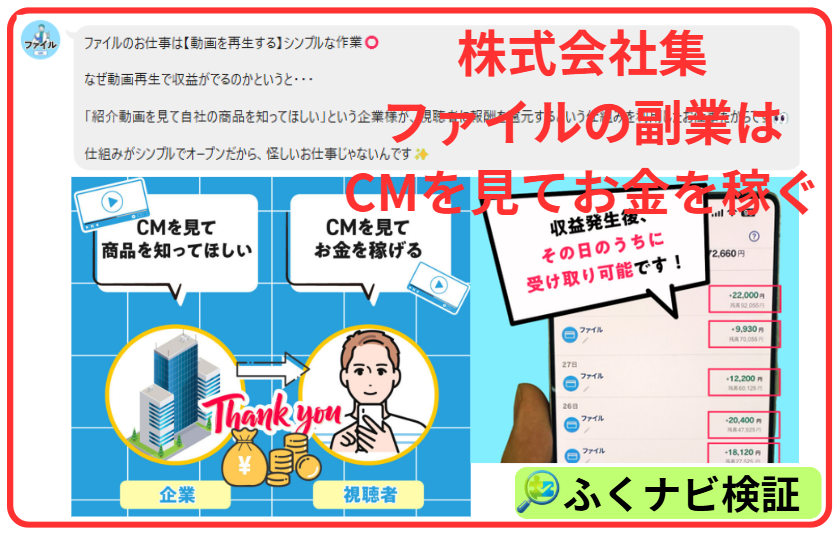 LINEのやり取りの画面。「株式会社集の副業はCMを見てお金を稼ぐ」という説明とともに、収益発生後にその日のうちに受け取り可能とする金額表示が並んでいる