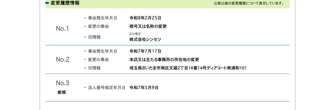 国税庁 法人番号公表サイトの変更履歴情報。商号変更・住所変更・新規登録の3件が並ぶ