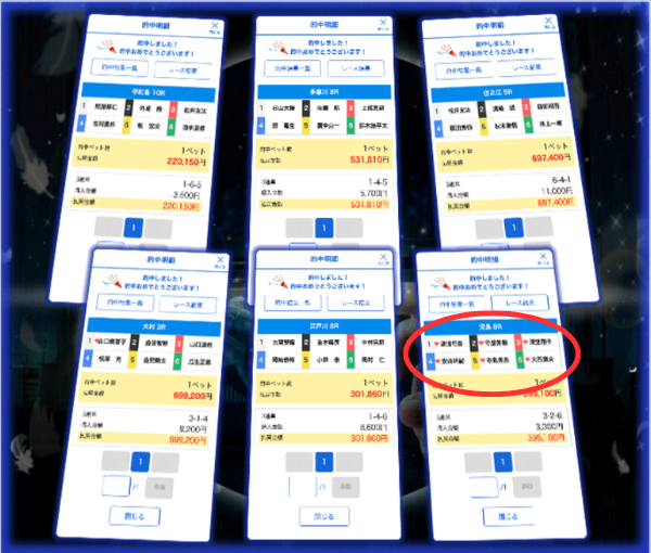 競艇アウトサイダーズ公式サイトに並ぶ複数の的中報告画面。1ベットあたり数十万円規模の払戻金額が表示されている