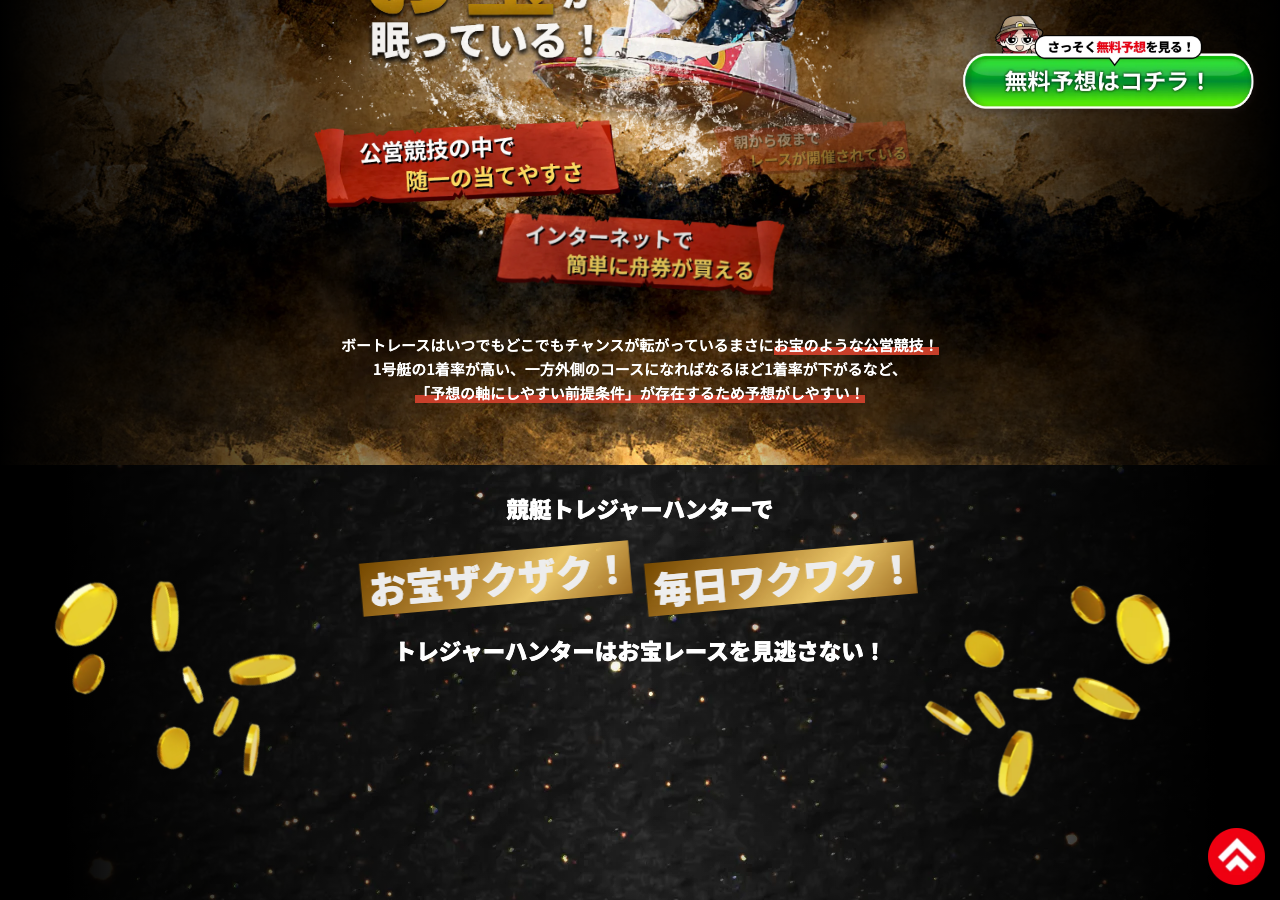競艇トレジャーハンター公式サイトに並ぶ「的中」実績一覧。舟券代10,000円に対し100倍を超える配当が繰り返し表示されている