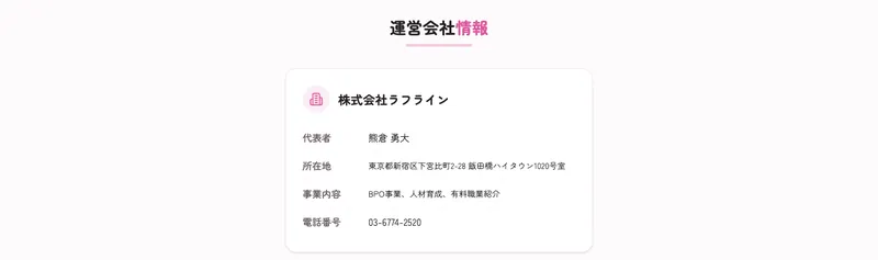 株式会社ラフラインの代表者・所在地・事業内容・電話番号を記載した運営会社情報の表