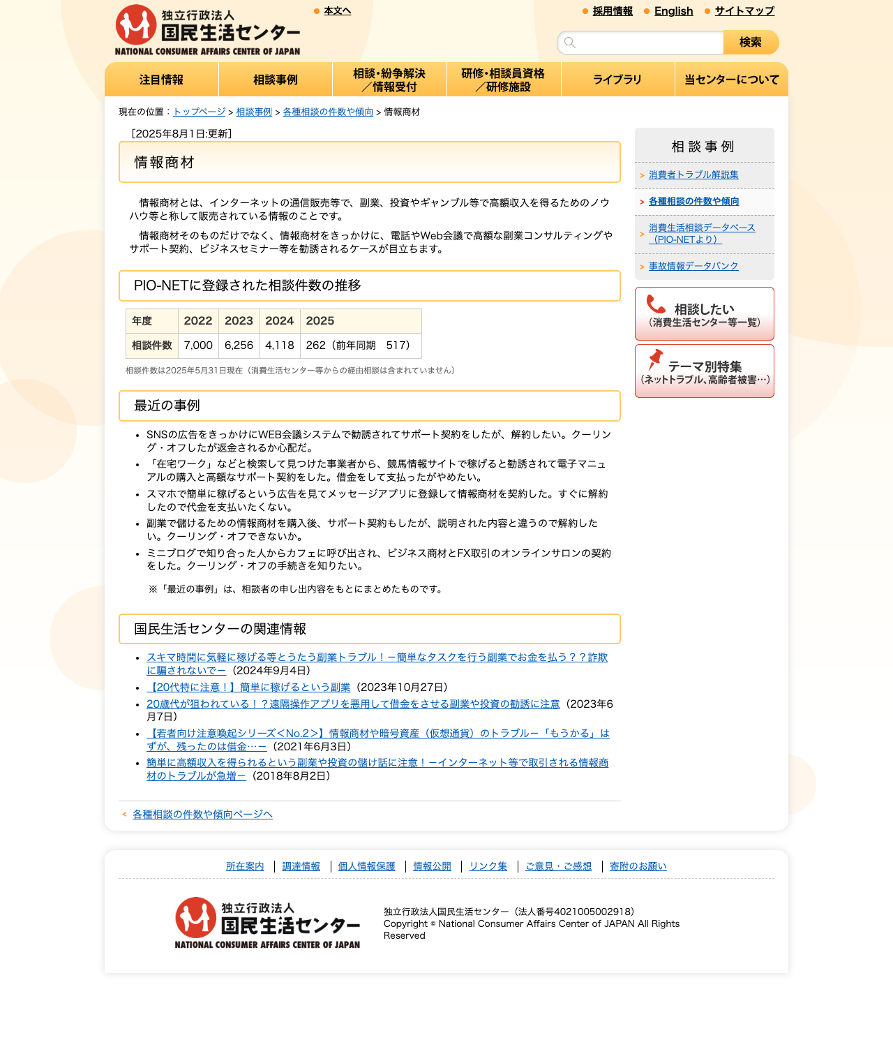 国民生活センターが公表した情報商材に関する相談件数の推移(2022〜2025年度)を示すページ