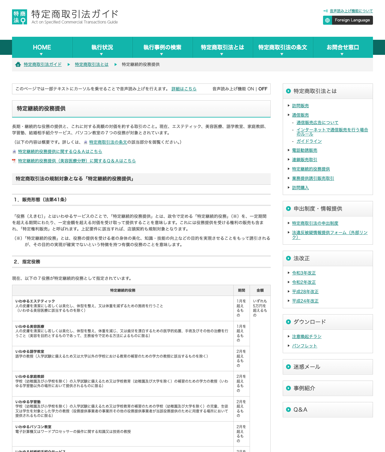 消費者庁の特定商取引法ガイド「特定継続的役務提供」のページ。クーリング・オフや中途解約のルールが解説されている
