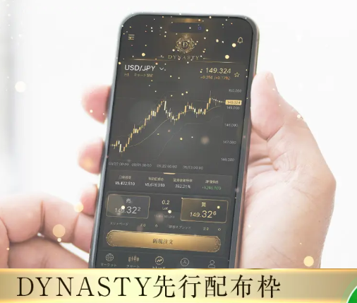 DYNASTYの紹介ページに掲載されたシステム画像。スマートフォンにUSD/JPYのチャート画面が表示されている