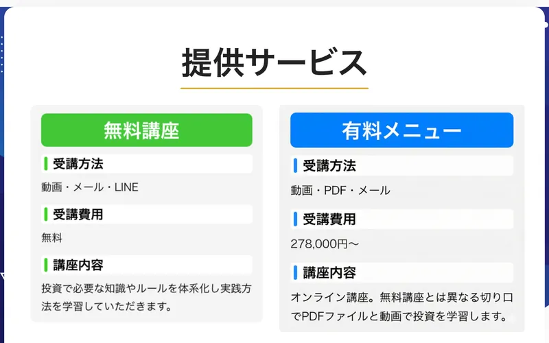 3次元ベータトレードの提供サービス。無料講座は受講費用無料、有料メニューは受講費用278,000円〜と記載されている