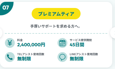 「プレミアムティア」240万円のプラン。サービス提供期間45日間、TELアシスト使用回数無制限、LINEアシスト使用回数無制限