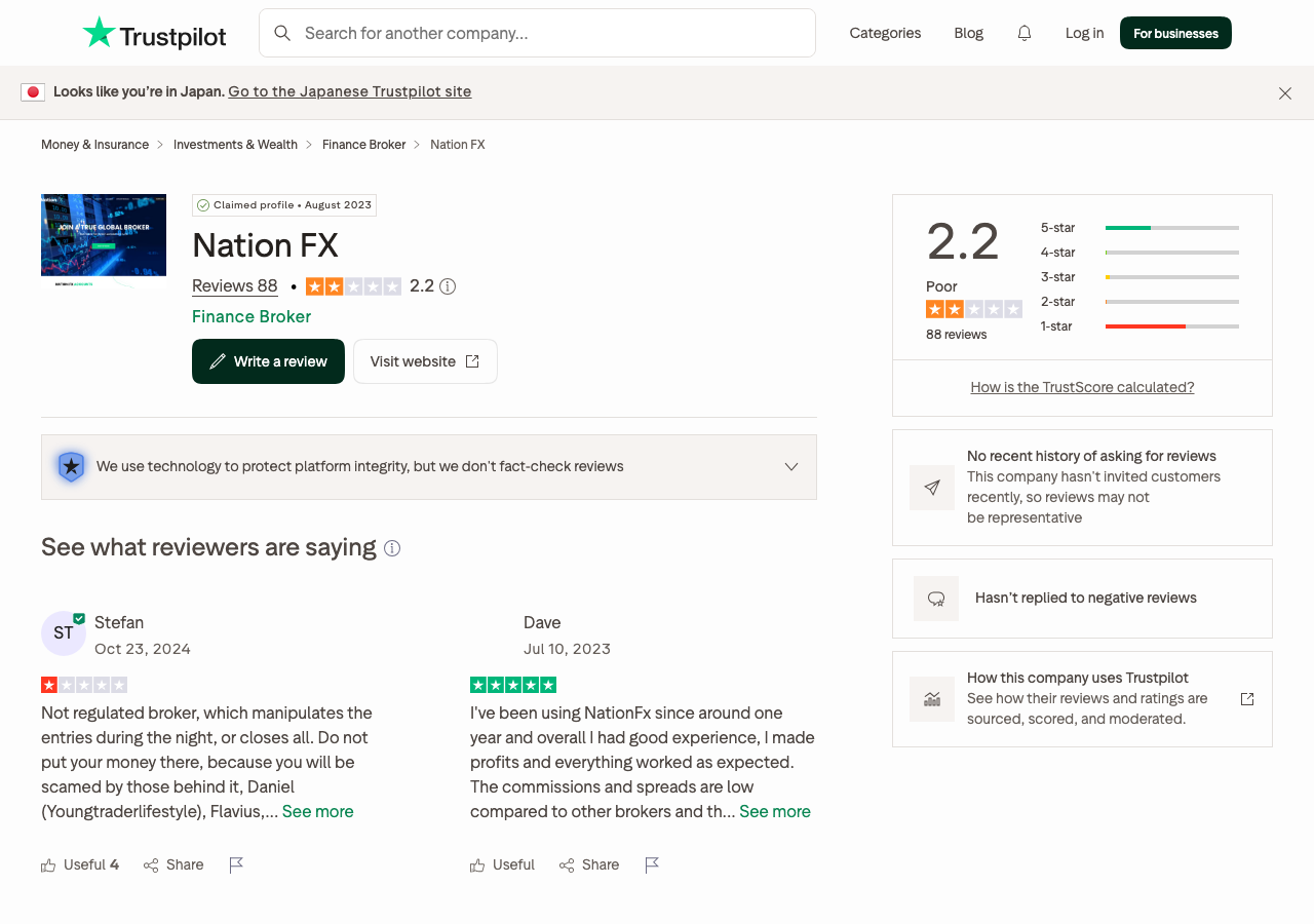 NationFXのTrustpilot評価ページ