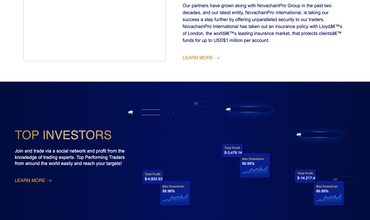 NovachainPro公式サイトの資金保全に関する記載とTOP INVESTORS欄