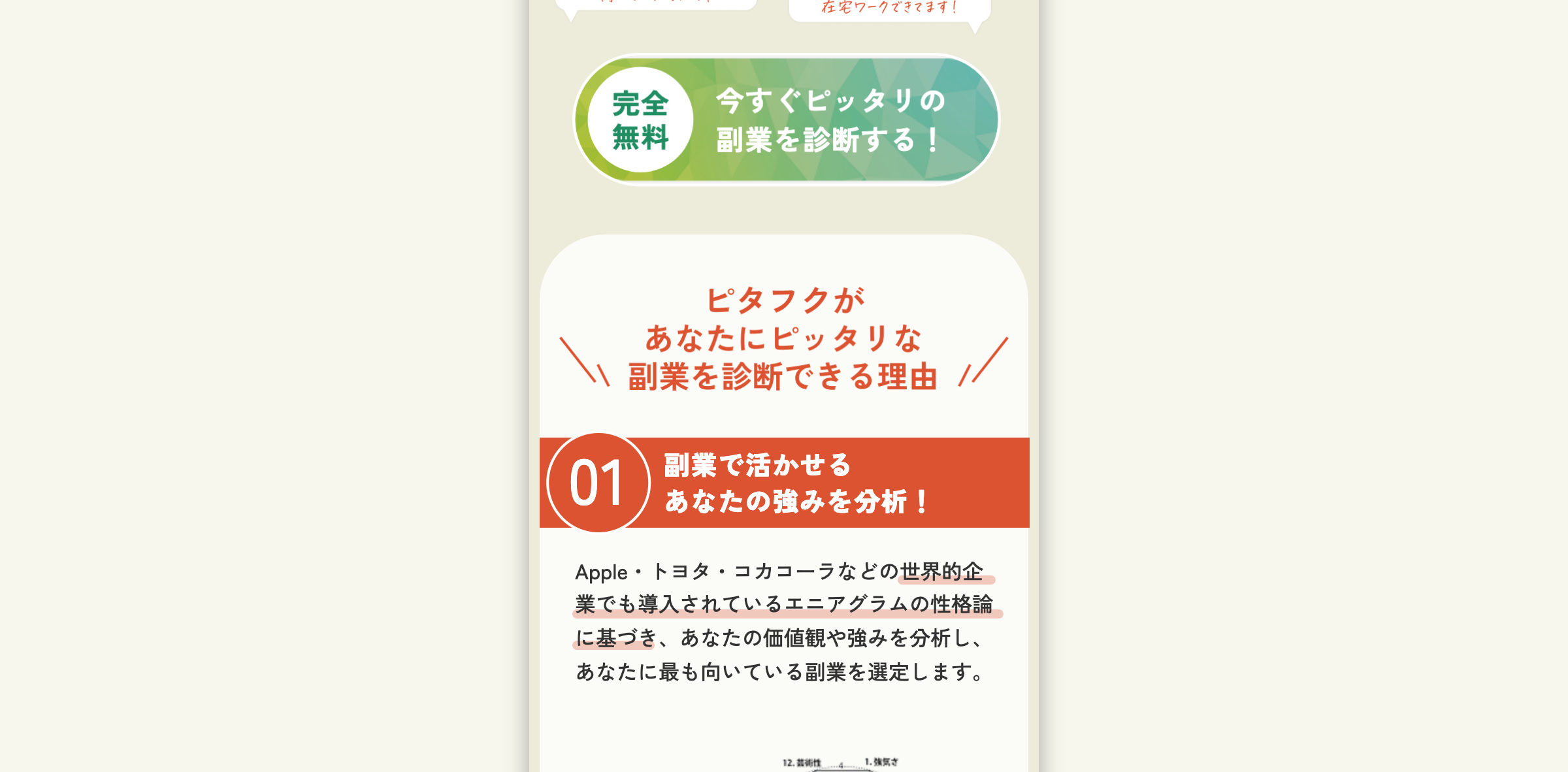 ピタフク診断が副業を診断できる理由として、エニアグラムの性格論で強みを分析すると説明する画面
