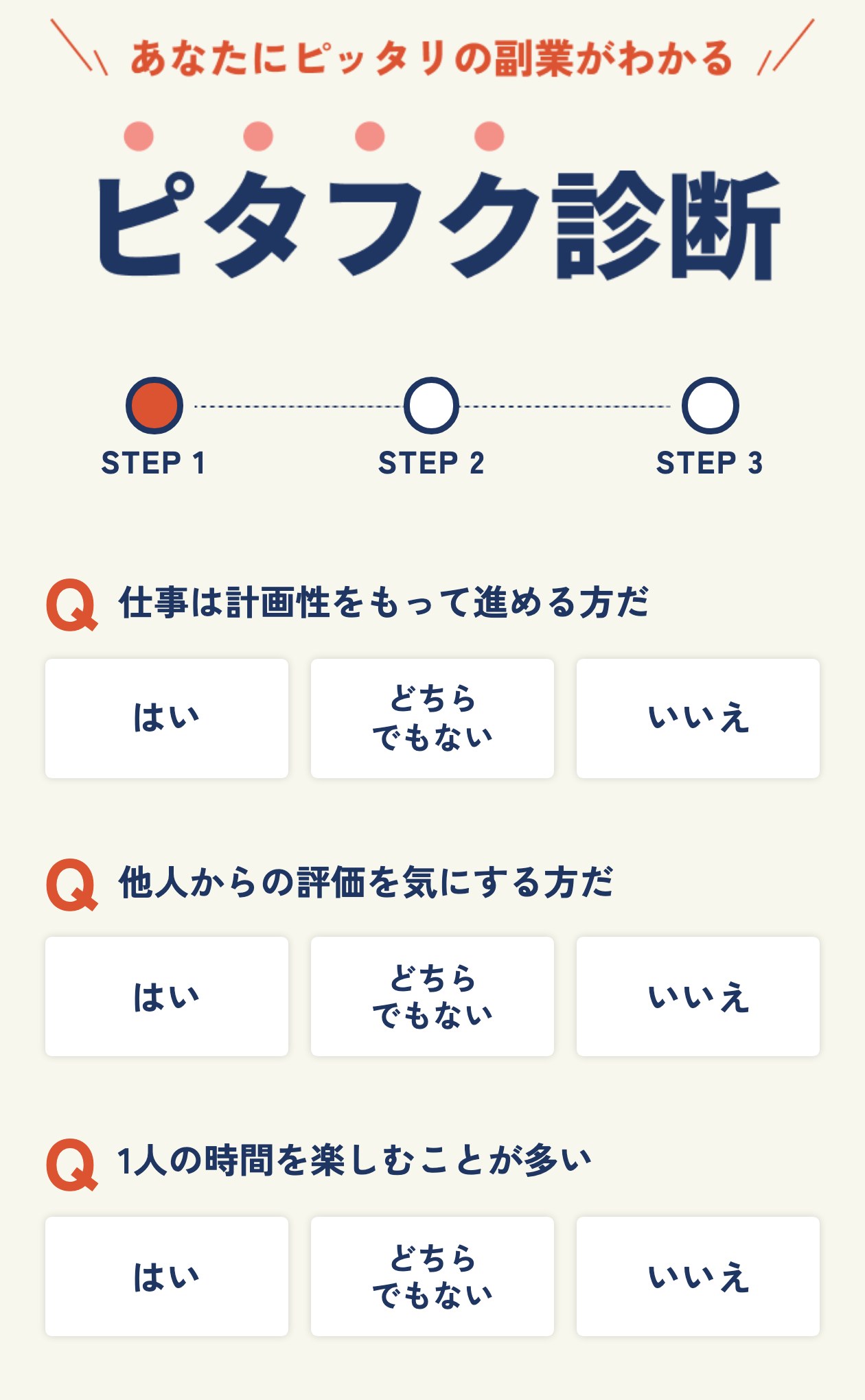 ピタフク診断の質問ページ。STEP1からSTEP3の表示と、仕事は計画性をもって進める方だ、他人からの評価を気にする方だ、1人の時間を楽しむことが多い、の質問に、はい・どちらでもない・いいえで答える形式