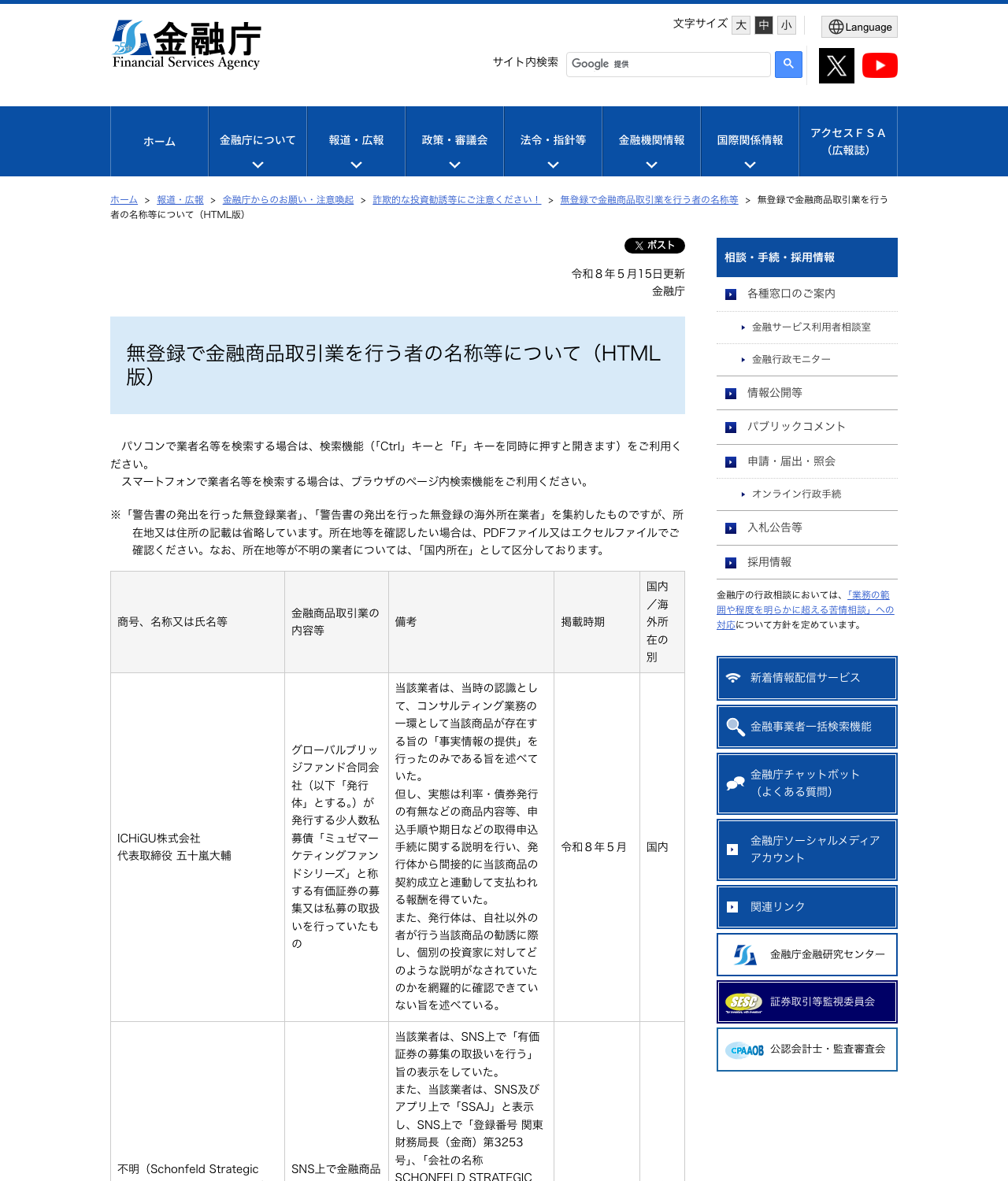 金融庁の無登録で金融商品取引業を行う者の名称等を公表するページ