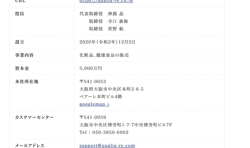 株式会社QUALIAの会社概要とされるページ（設立・資本金・所在地の記載）