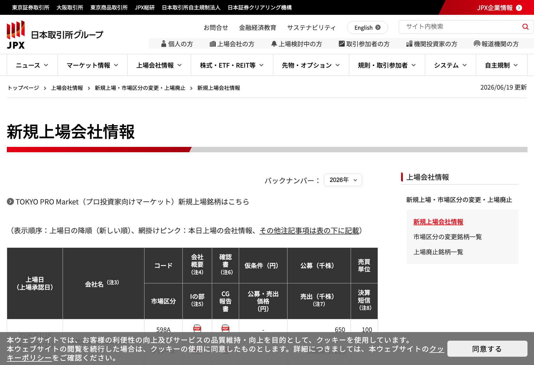 日本取引所グループの新規上場会社情報ページ