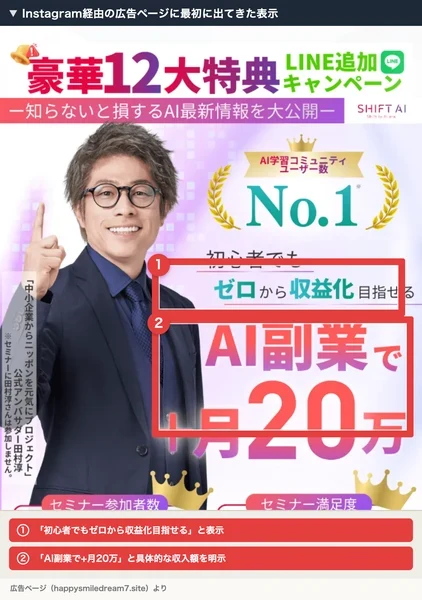 Instagram経由の広告ページの冒頭。「初心者でもゼロから収益化目指せる」「AI副業で+月20万」という文言とセミナー参加者数・満足度の数字が示されている