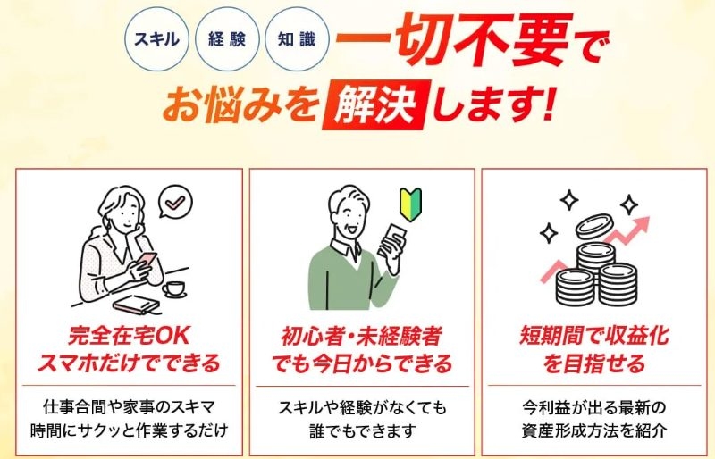 「スキル・経験・知識は一切不要」「完全在宅OK」「初心者・未経験でも今日からできる」「短期間で収益化」とうたう関連広告の画面
