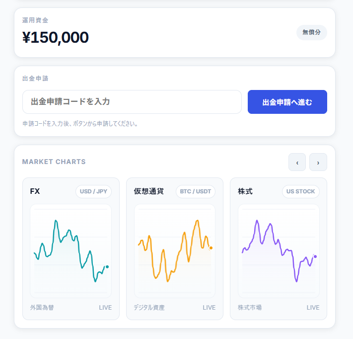 スマリタのマイページ。運用資金の表示と出金申請コードの入力欄