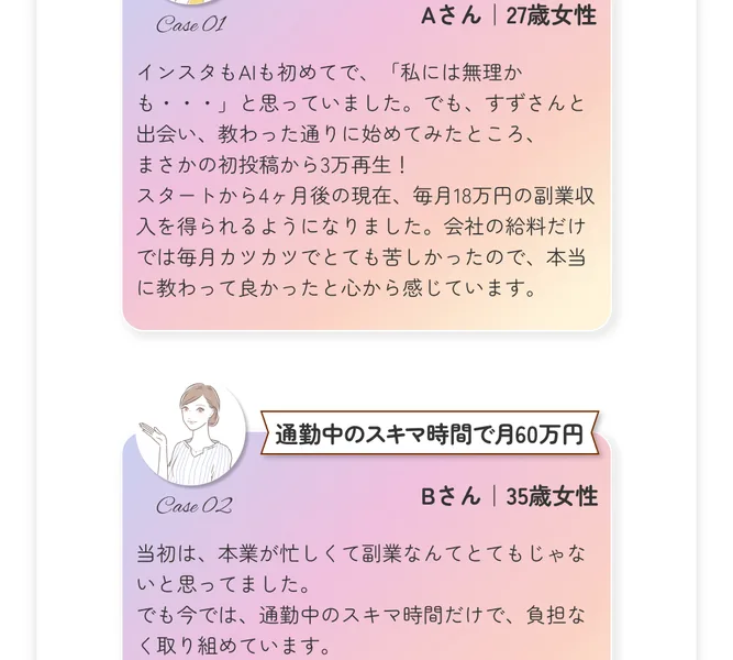 すずの広告にある体験談。Aさん27歳女性が4ヶ月で月18万円の副業収入、Bさん35歳女性が通勤中のスキマ時間で月60万円と紹介されている