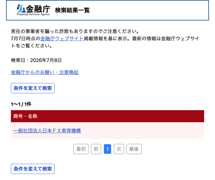 金融庁「金融事業者一括検索」で「日本FX教育機構」を検索した結果一覧