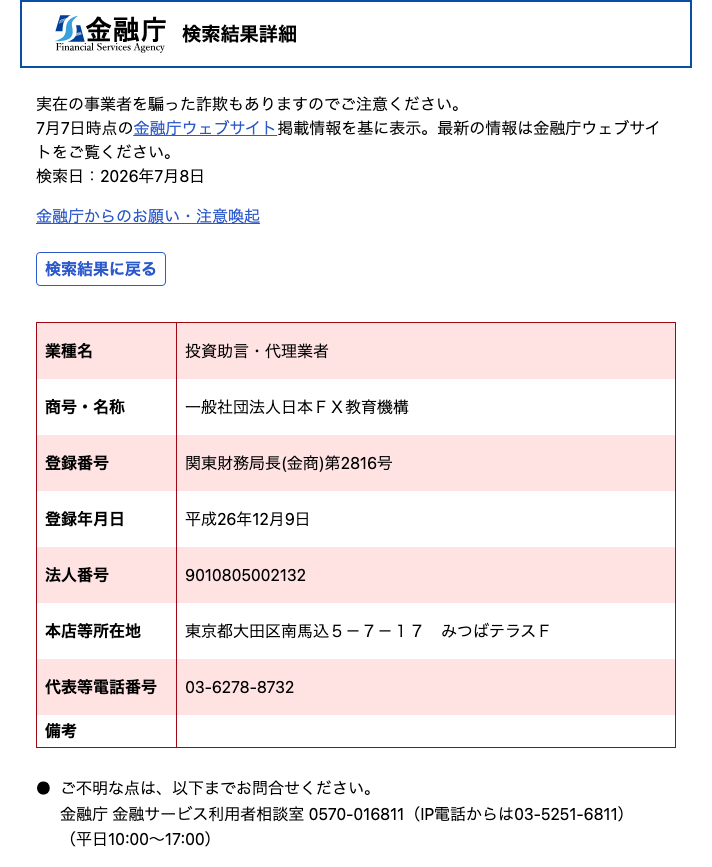 金融庁の検索結果詳細ページ。業種名・登録番号・登録年月日・法人番号・所在地が記載されている