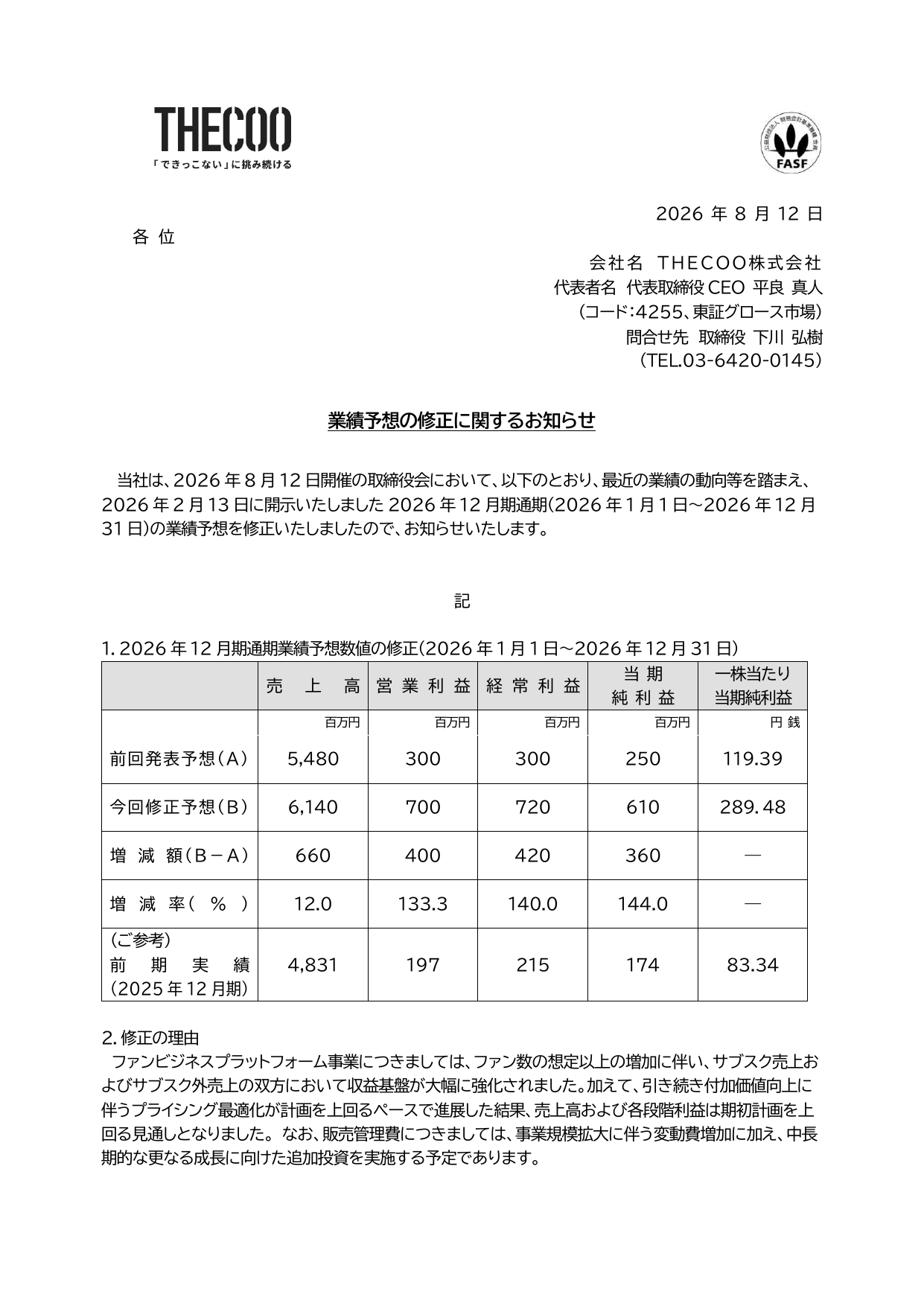 THECOO株式会社「業績予想の修正に関するお知らせ」の1ページ目