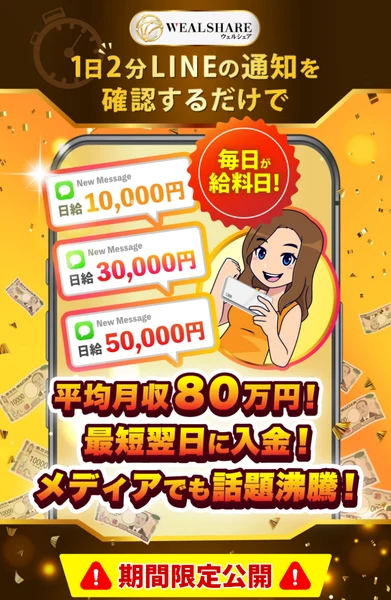 「日給1万〜5万円」「平均月収80万円」をうたうウェルシェアの広告表示