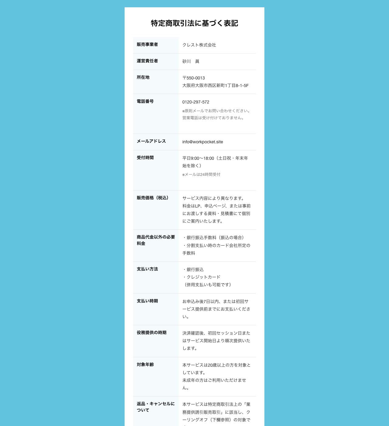 WorkPocket公式サイトの特定商取引法に基づく表記ページ