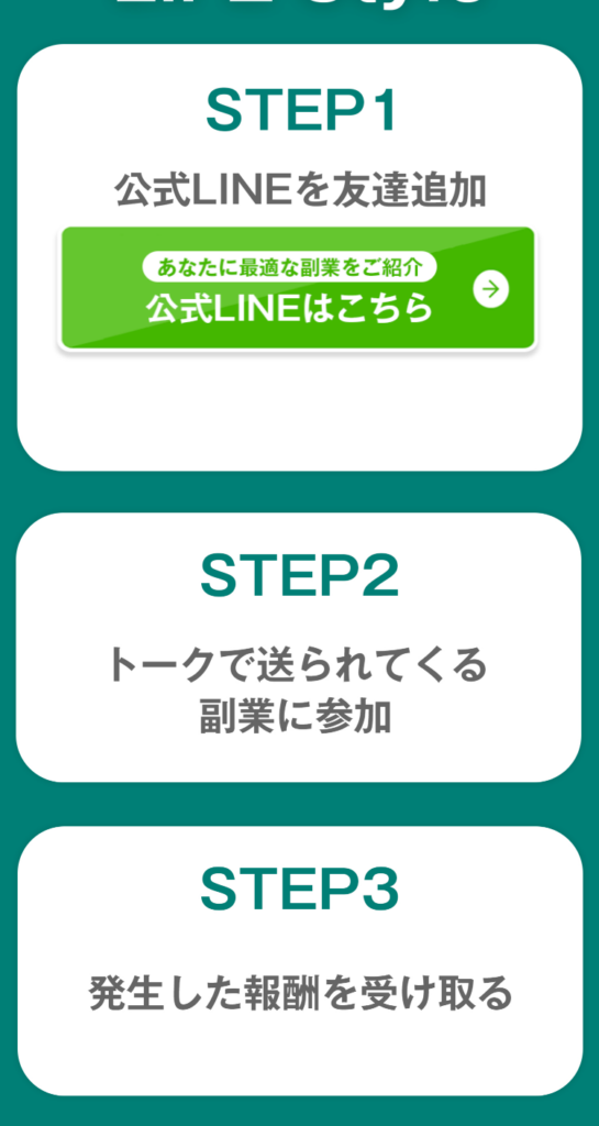 「LIFE Style」LINE登録後の案内画面。STEP1公式LINEを友達追加、STEP2トークで送られてくる副業に参加、STEP3発生した報酬を受け取る、という3ステップが示されている