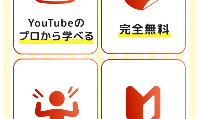 「YouTubeのプロから学べる」「完全無料」とうたう講座の特徴グリッド