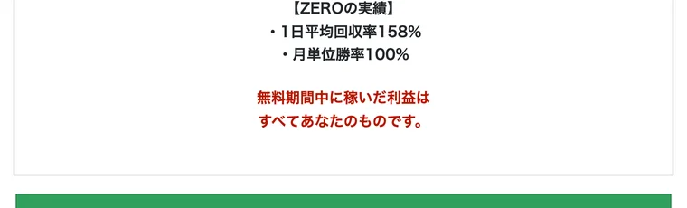 ZEROの実績として1日平均回収率158%・月単位勝率100%と表示する広告