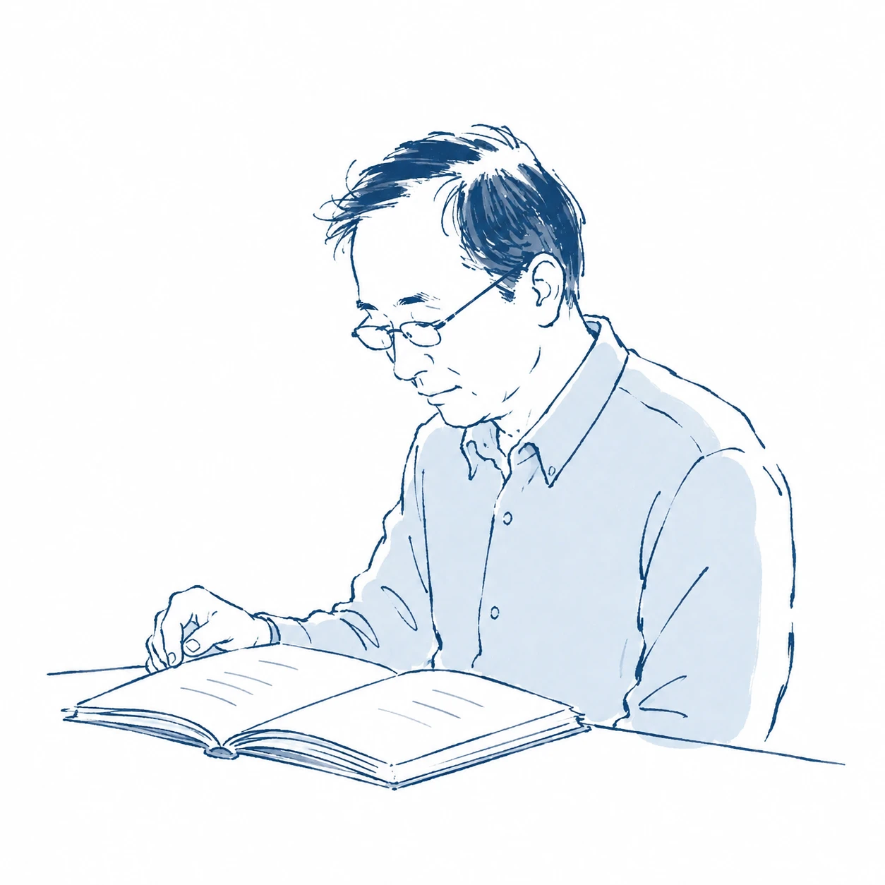 机に向かい、手元の本に目を通す案内役の線画